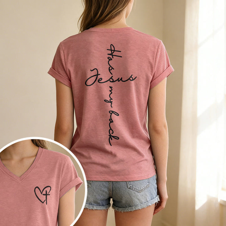 Christianartworkshop "Jesus Has My Back" Front & Back Print Casual V-neck T-shirt - image 43