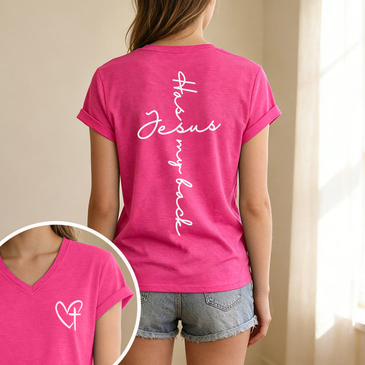 Christianartworkshop "Jesus Has My Back" Front & Back Print Casual V-neck T-shirt - image 73