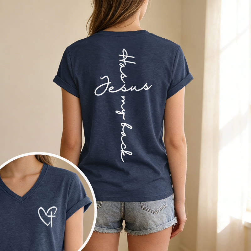 Christianartworkshop "Jesus Has My Back" Front & Back Print Casual V-neck T-shirt - image 61