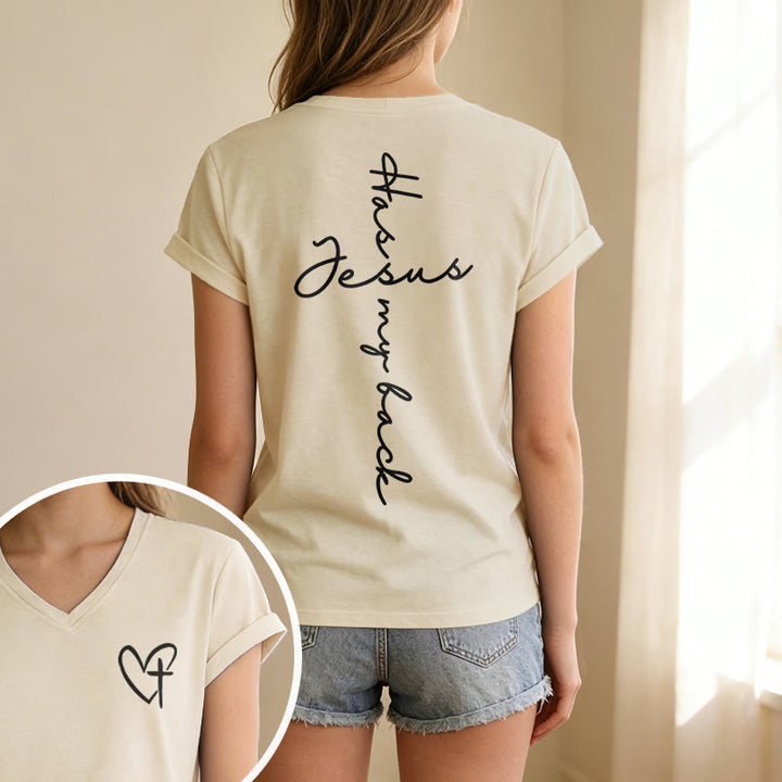 Christianartworkshop "Jesus Has My Back" Front & Back Print Casual V-neck T-shirt - image 13