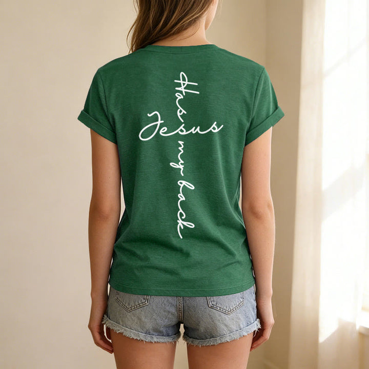 Christianartworkshop "Jesus Has My Back" Front & Back Print Casual V-neck T-shirt - image 53