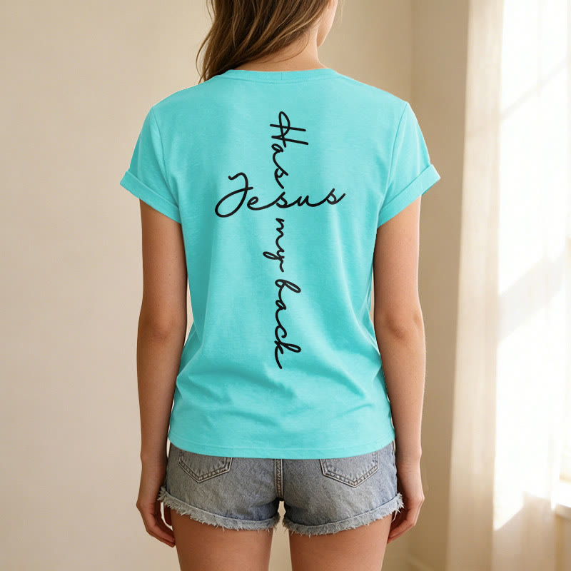 Christianartworkshop "Jesus Has My Back" Front & Back Print Casual V-neck T-shirt - image 41