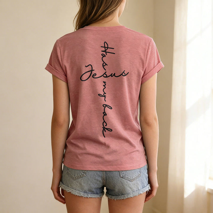 Christianartworkshop "Jesus Has My Back" Front & Back Print Casual V-neck T-shirt - image 47