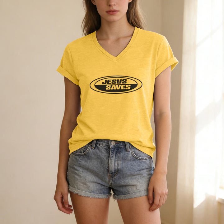 Christianartworkshop Retro Oval "Jesus Saves" Casual V-neck T-shirt - image 7