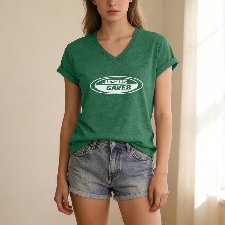 Christianartworkshop Retro Oval "Jesus Saves" Casual V-neck T-shirt - image 17