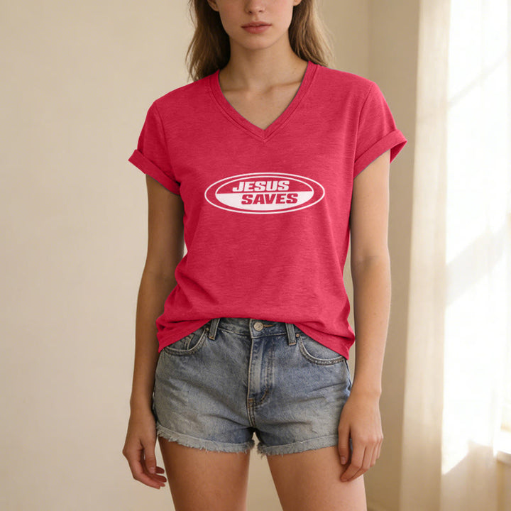 Christianartworkshop Retro Oval "Jesus Saves" Casual V-neck T-shirt - image 23