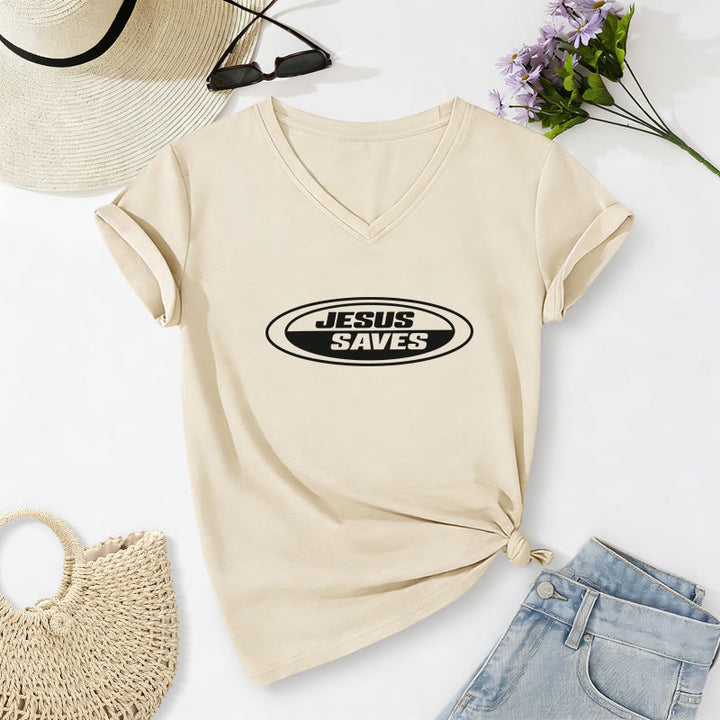 Christianartworkshop Retro Oval "Jesus Saves" Casual V-neck T-shirt - Beige - 2XL - image 4