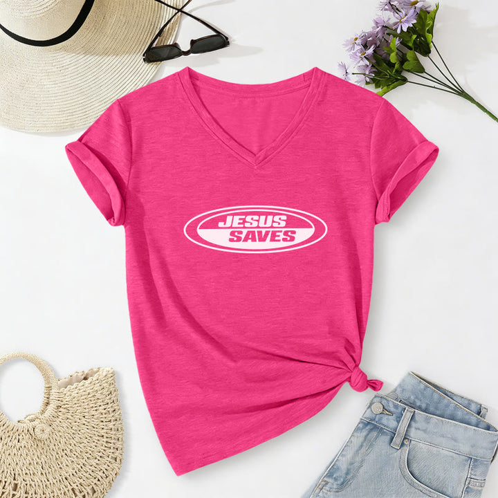 Christianartworkshop Retro Oval "Jesus Saves" Casual V-neck T-shirt - Rose - 2XL - image 24