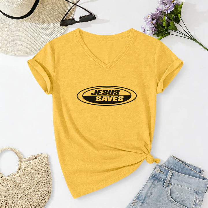 Christianartworkshop Retro Oval "Jesus Saves" Casual V-neck T-shirt - Yellow - 2XL - image 6