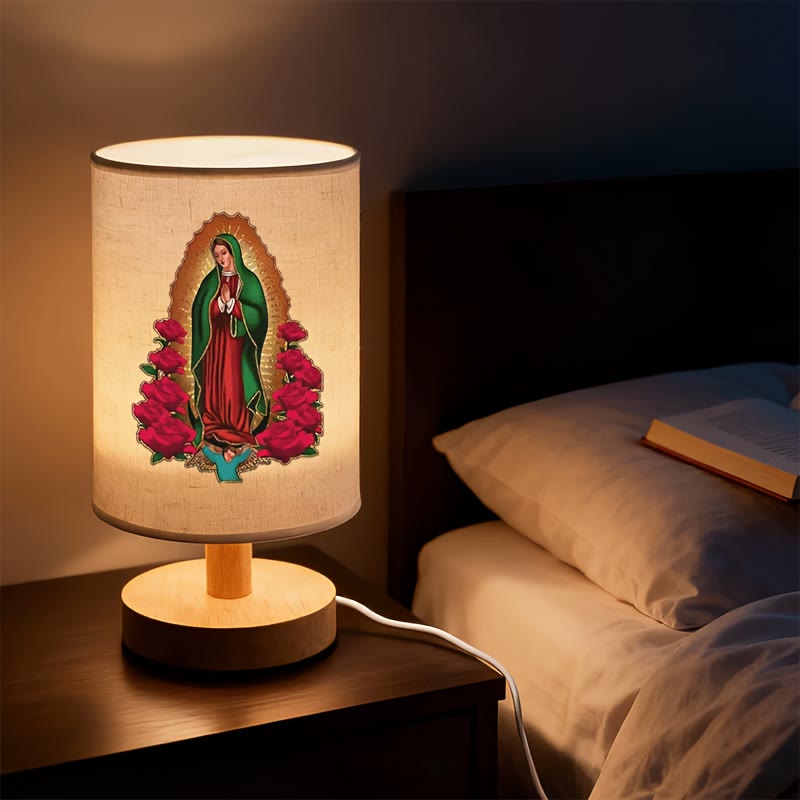 Christianartworkshop Natural Wood Base Fabric Lampshade Our Lady of Guadalupe Table Lamp: A Symbol of Gentle Nighttime Blessings - Our Lady of Guadalupe - image 0