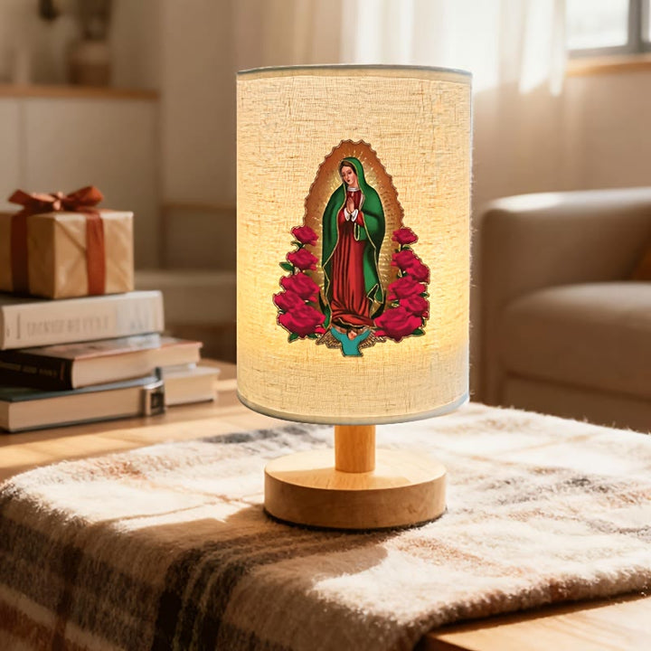 Christianartworkshop Natural Wood Base Fabric Lampshade Our Lady of Guadalupe Table Lamp: A Symbol of Gentle Nighttime Blessings - image 2