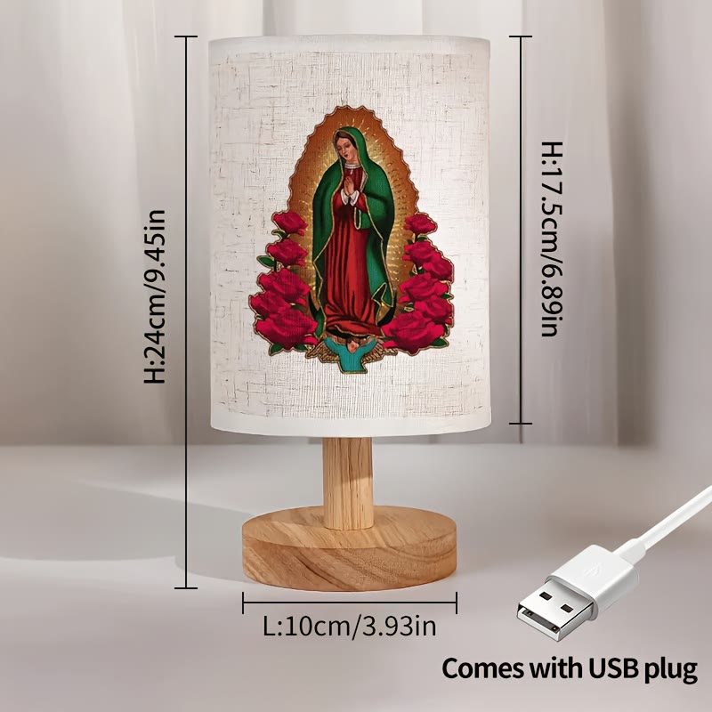 Christianartworkshop Natural Wood Base Fabric Lampshade Our Lady of Guadalupe Table Lamp: A Symbol of Gentle Nighttime Blessings - image 4
