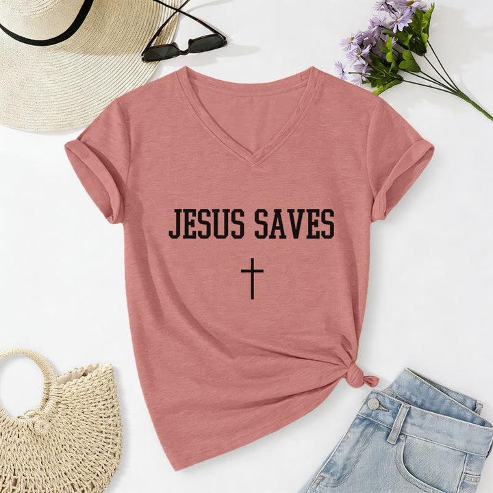 Christianartworkshop "Jesus Saves" Statement Cross Casual V-neck T-shirt - Light Pink - 2XL - image 16