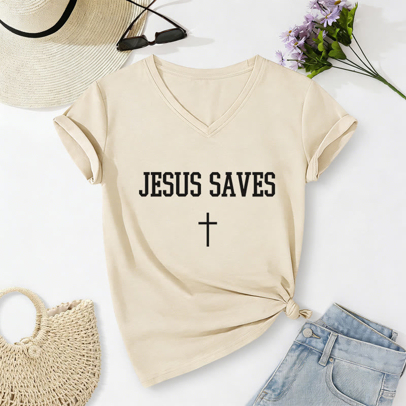 Christianartworkshop "Jesus Saves" Statement Cross Casual V-neck T-shirt - Beige - 2XL - image 6