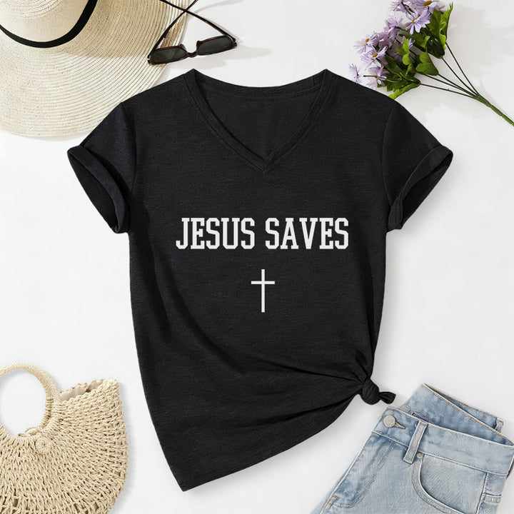 Christianartworkshop "Jesus Saves" Statement Cross Casual V-neck T-shirt - Black - 2XL - image 4