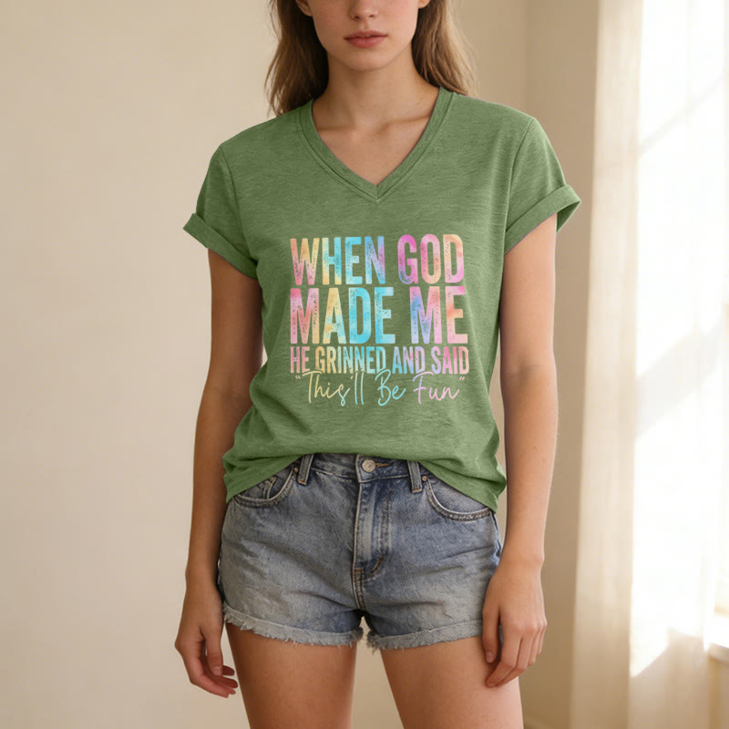 Christianartworkshop "When God Made Me" Colorful Gradient Casual V-neck T-shirt - image 11