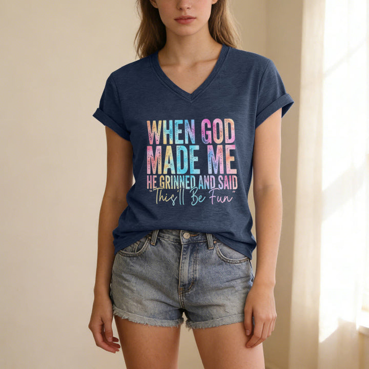 Christianartworkshop "When God Made Me" Colorful Gradient Casual V-neck T-shirt - image 1