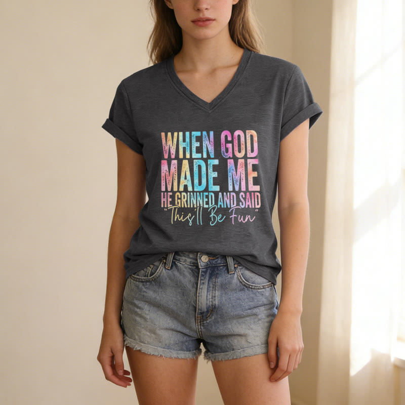 Christianartworkshop "When God Made Me" Colorful Gradient Casual V-neck T-shirt - image 3