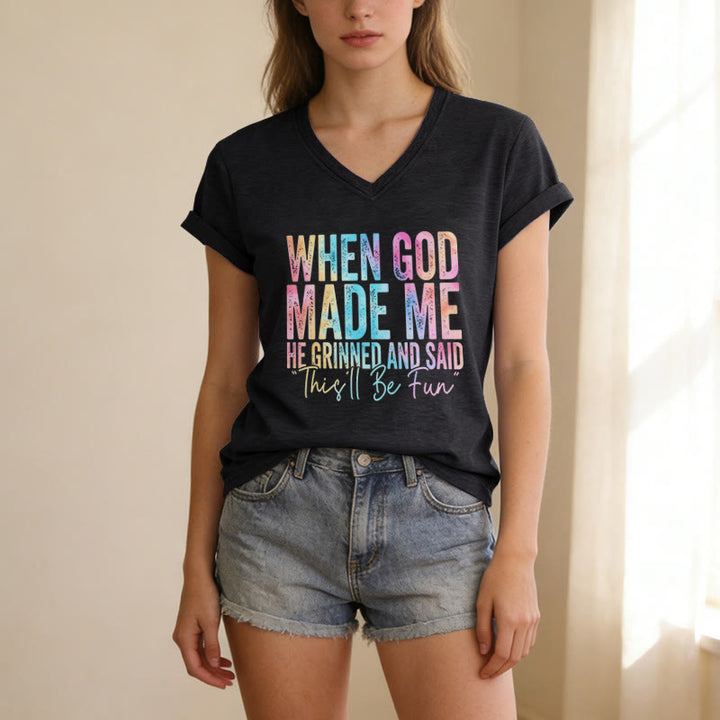 Christianartworkshop "When God Made Me" Colorful Gradient Casual V-neck T-shirt - image 5
