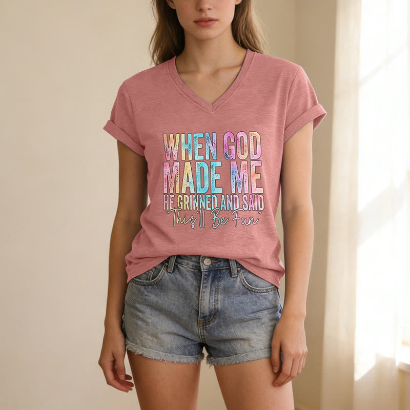 Christianartworkshop "When God Made Me" Colorful Gradient Casual V-neck T-shirt - image 17
