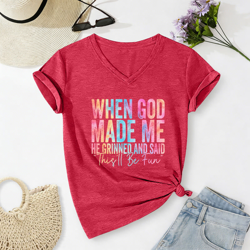 Christianartworkshop "When God Made Me" Colorful Gradient Casual V-neck T-shirt - Red - 2XL - image 22