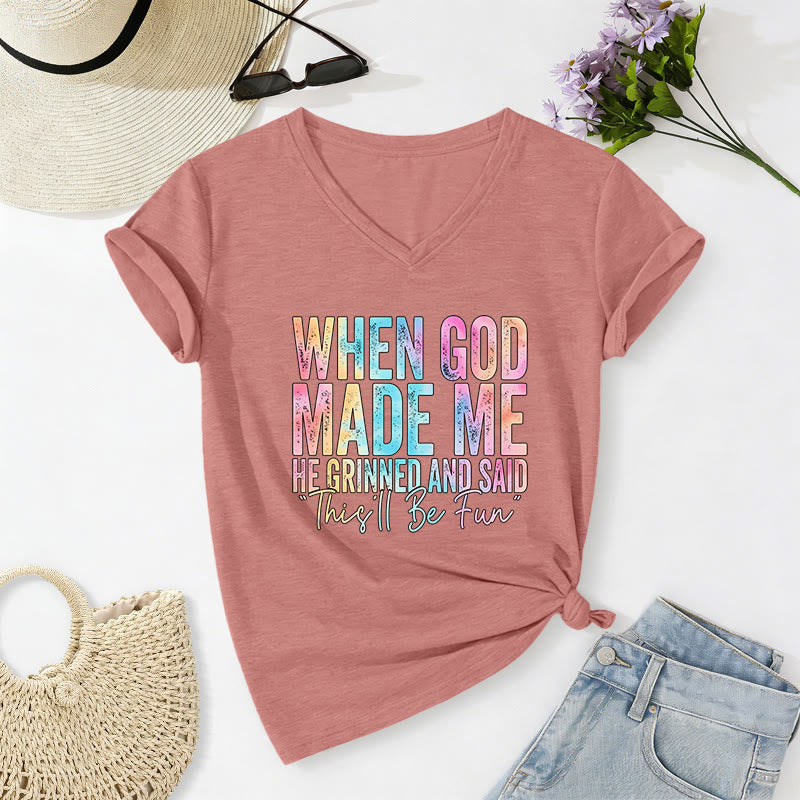 Christianartworkshop "When God Made Me" Colorful Gradient Casual V-neck T-shirt - Light Pink - 2XL - image 16