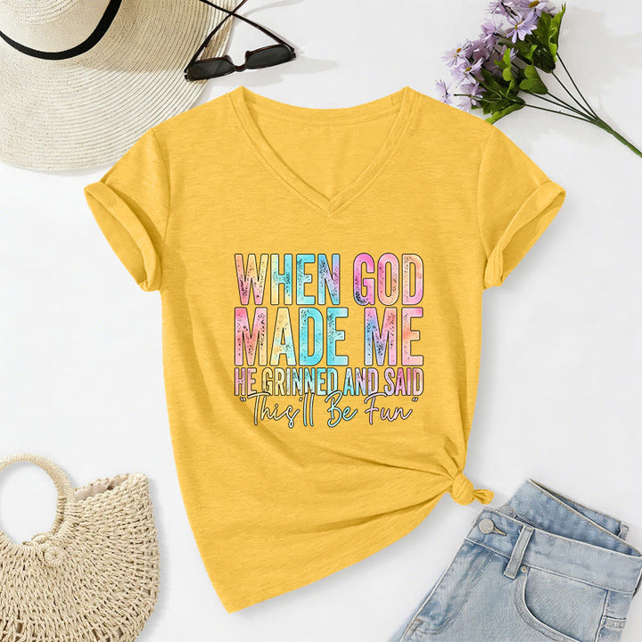 Christianartworkshop "When God Made Me" Colorful Gradient Casual V-neck T-shirt - Yellow - 2XL - image 8