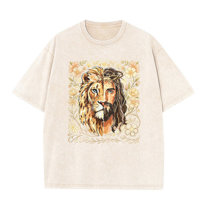 Christianartworkshop Lion of Judah Floral Faith Statement Washed Unisex T-Shirt - Beige - 5XL - image 5
