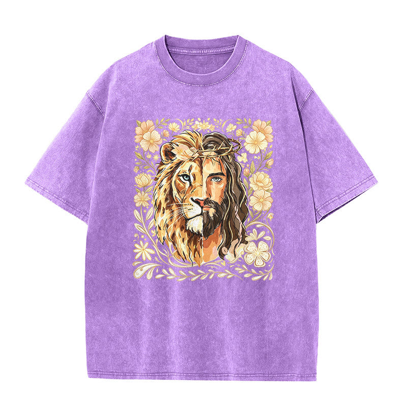 Christianartworkshop Lion of Judah Floral Faith Statement Washed Unisex T-Shirt - Purple - 5XL - image 7