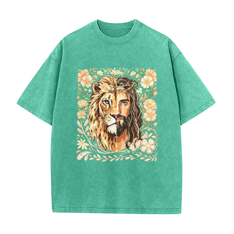 Christianartworkshop Lion of Judah Floral Faith Statement Washed Unisex T-Shirt - Green - 5XL - image 3