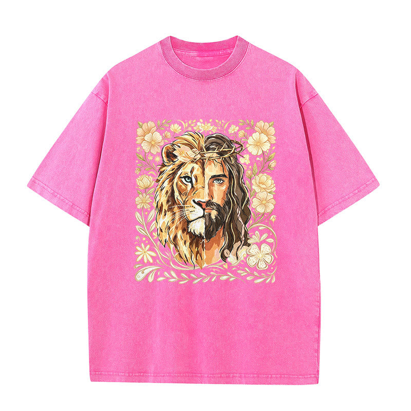 Christianartworkshop Lion of Judah Floral Faith Statement Washed Unisex T-Shirt - Pink - 5XL - image 6