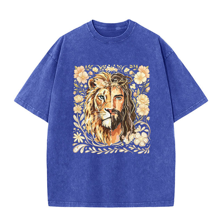 Christianartworkshop Lion of Judah Floral Faith Statement Washed Unisex T-Shirt - Blue - 5XL - image 8