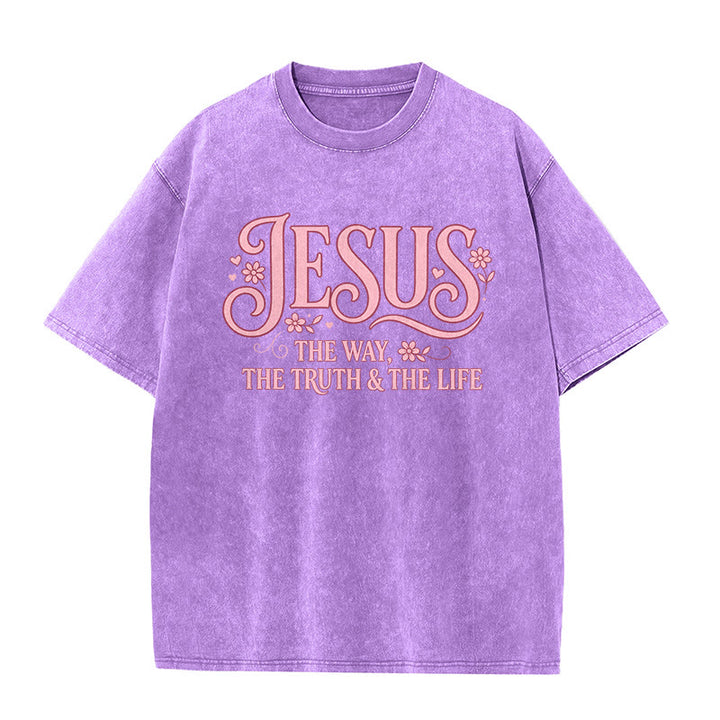 Christianartworkshop Decorative Floral "Jesus The Way The Truth & The Life" Washed Unisex T-Shirt - Purple - 5XL - image 7