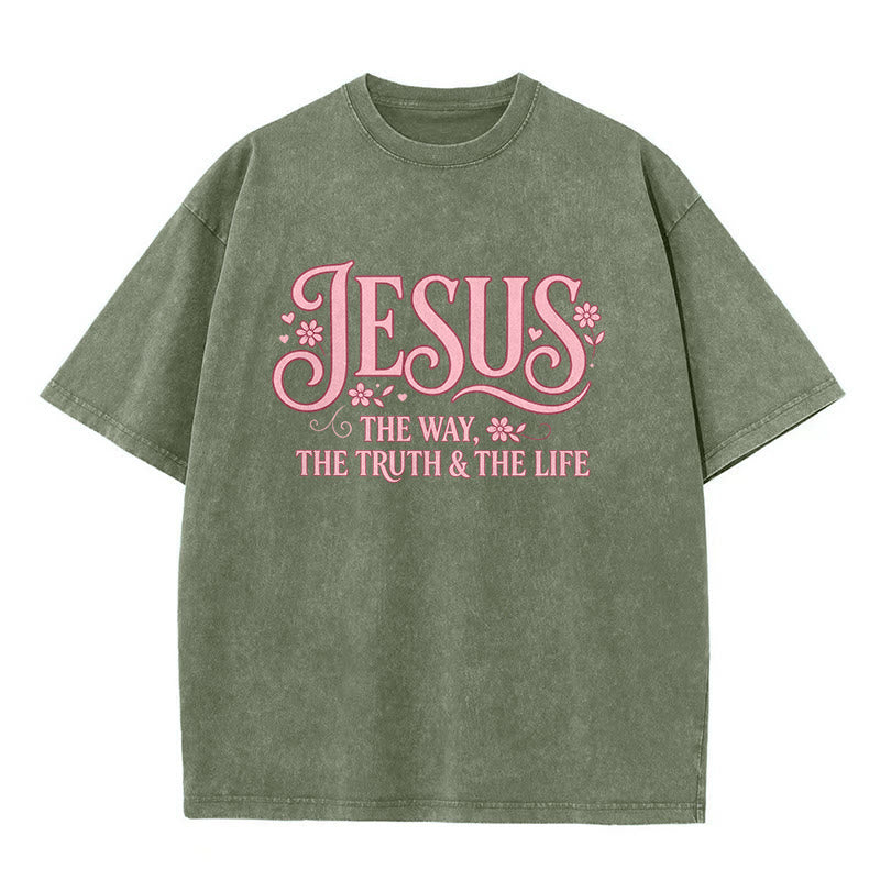 Christianartworkshop Decorative Floral "Jesus The Way The Truth & The Life" Washed Unisex T-Shirt - Army Green - 5XL - image 2