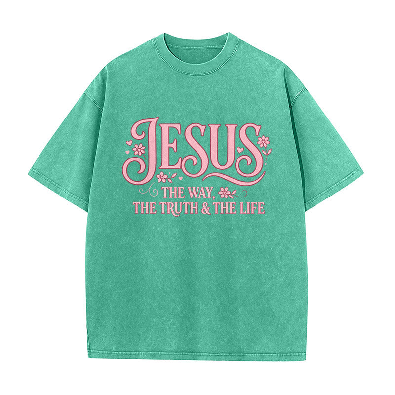 Christianartworkshop Decorative Floral "Jesus The Way The Truth & The Life" Washed Unisex T-Shirt - Green - 5XL - image 4