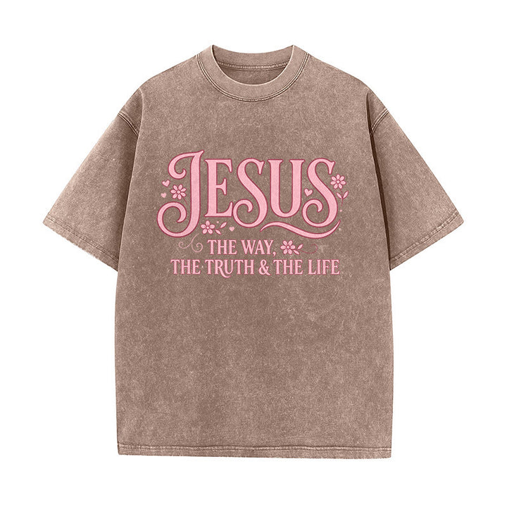 Christianartworkshop Decorative Floral "Jesus The Way The Truth & The Life" Washed Unisex T-Shirt - Brown - 5XL - image 5