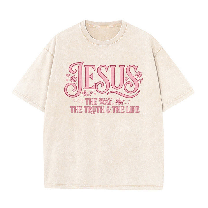Christianartworkshop Decorative Floral "Jesus The Way The Truth & The Life" Washed Unisex T-Shirt - Beige - 5XL - image 1
