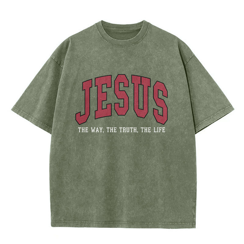 Christianartworkshop Streetwear Style "Jesus The Way The Truth The Life" Washed Unisex T-Shirt - Army Green - 5XL - image 3