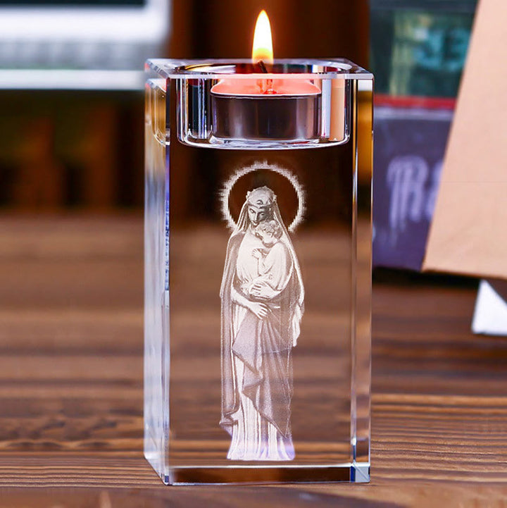 Christianartworkshop Luminous Tealight Compatible Inner Engraved Holy Figure Crystal Holder: A Symbol of Peaceful Prayer Atmosphere - image 5
