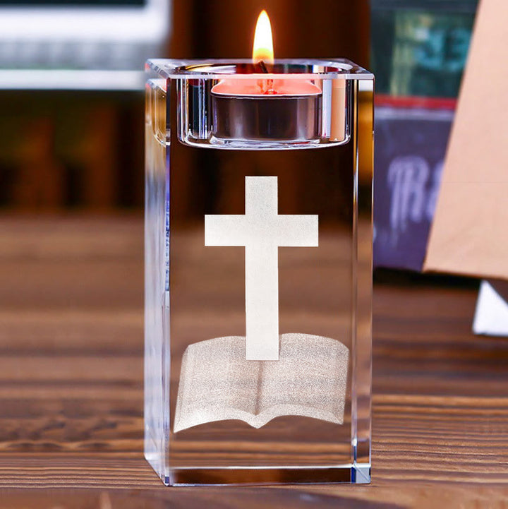 Christianartworkshop Luminous Tealight Compatible Inner Engraved Holy Figure Crystal Holder: A Symbol of Peaceful Prayer Atmosphere - Cross & Holy Bible - 1.97''*1.97''*3.94''/5*5*10cm - image 8