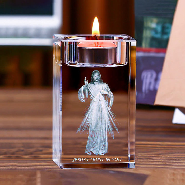 Christianartworkshop Luminous Tealight Compatible Inner Engraved Holy Figure Crystal Holder: A Symbol of Peaceful Prayer Atmosphere - image 0