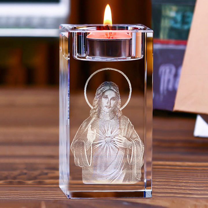 Christianartworkshop Luminous Tealight Compatible Inner Engraved Holy Figure Crystal Holder: A Symbol of Peaceful Prayer Atmosphere - Sacred Heart of Jesus - 1.97''*1.97''*3.94''/5*5*10cm - image 11
