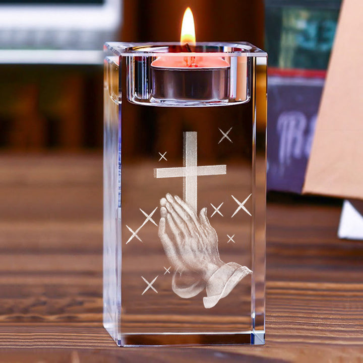 Christianartworkshop Luminous Tealight Compatible Inner Engraved Holy Figure Crystal Holder: A Symbol of Peaceful Prayer Atmosphere - Praying Hands - 1.97''*1.97''*3.94''/5*5*10cm - image 9