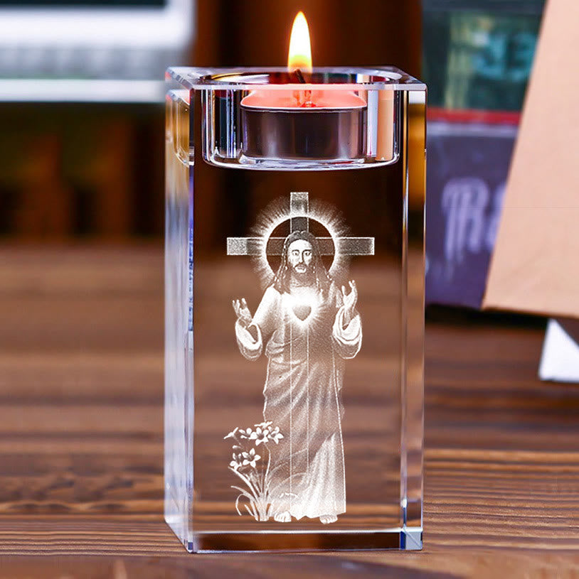 Christianartworkshop Luminous Tealight Compatible Inner Engraved Holy Figure Crystal Holder: A Symbol of Peaceful Prayer Atmosphere - Sacred Heart of Jesus & Cross - 1.97''*1.97''*3.94''/5*5*10cm - image 19