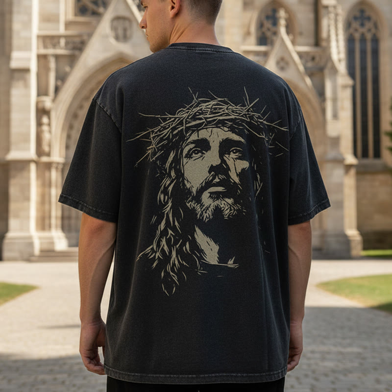 Christianartworkshop Cross with Crown of Thorns Detail Washed Unisex T-Shirt - image 0