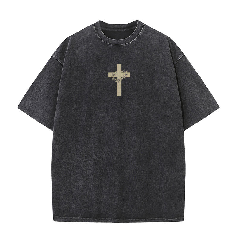 Christianartworkshop Cross with Crown of Thorns Detail Washed Unisex T-Shirt - image 4