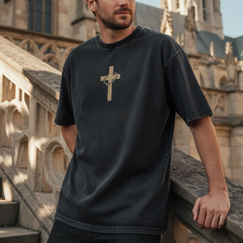 Christianartworkshop Cross with Crown of Thorns Detail Washed Unisex T-Shirt - image 1