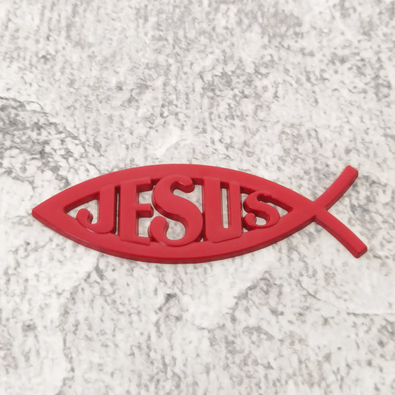 Christianartworkshop Ichthys Fish Shape JESUS Embossed Car Sticker: A Symbol of Abiding Faith & Divine Safeguard - Red - image 2