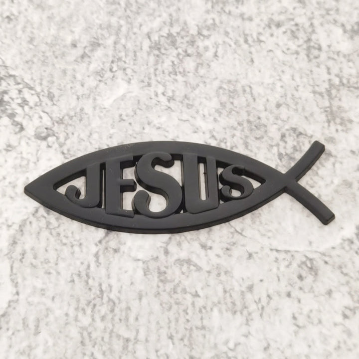 Christianartworkshop Ichthys Fish Shape JESUS Embossed Car Sticker: A Symbol of Abiding Faith & Divine Safeguard - Black - image 3