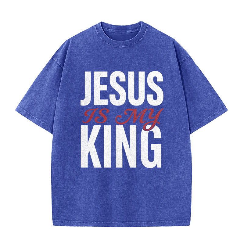 Christianartworkshop "Jesus Is My King" Casual Believer Washed Unisex T-Shirt - Blue - 5XL - image 1
